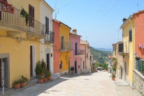 Fototapeta Naklejka Na Ścianę i Meble -  A street in a small Italian village lined with brightly painted houses in various shades of yellow, pink, and orange.