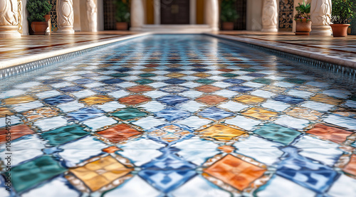 infinity swimming pool with different colour patterned traditiinal sicilian floor photo