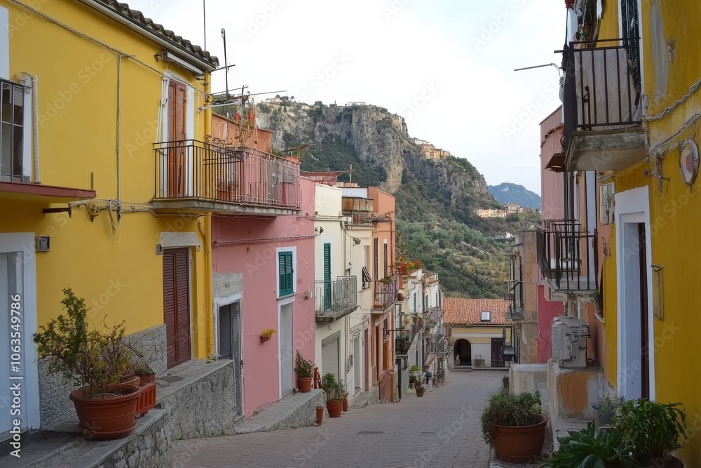 Obraz premium A street in a small Italian village lined with brightly painted houses in various shades of yellow, pink, and orange.