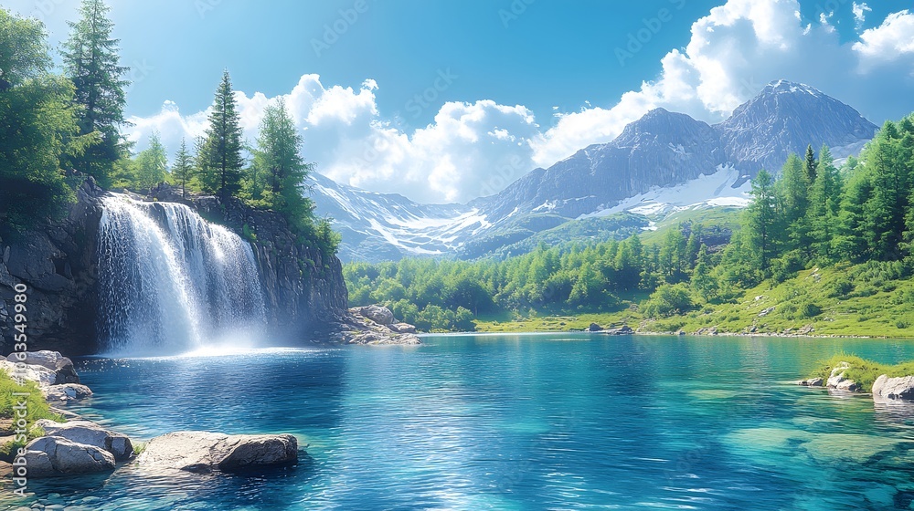 Fototapeta premium Watercolor artwork for Sri Lanka National Day showcasing serene landscapes of waterfalls and mountains along with vibrant festivals celebrating togetherness