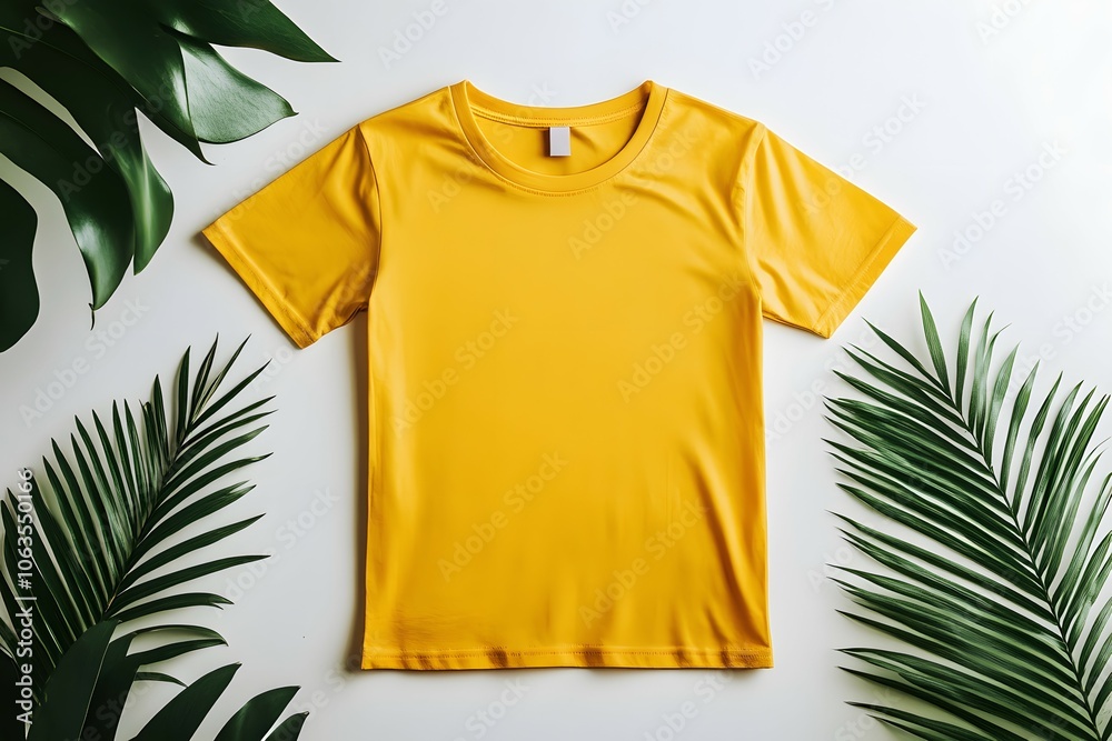 Yellow T Shirt Mockup with Tropical Leaves Yellow T Shirt Mockup with Tropical Leaves