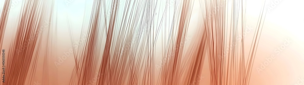 Obraz premium An abstract composition featuring delicate, slender lines resembling strands of hair, transitioning from warm peach tones to soft pastel hues, evoking a sense of tranquility and fluidity.