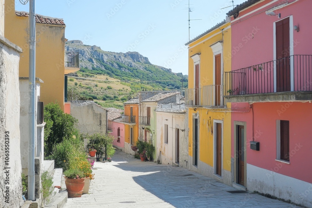 Fototapeta premium A street in a small Italian village lined with brightly painted houses in various shades of yellow, pink, and orange.
