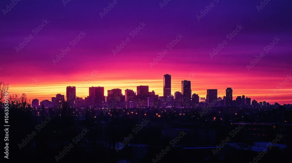 The first light of dawn breaking over a city skyline, The first light of dawn breaking over a city skyline,