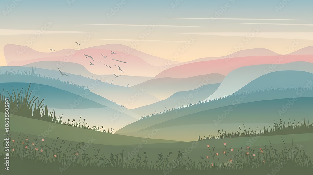 Fototapeta premium A Serene Landscape with Rolling Hills and Birds in Flight at Sunset