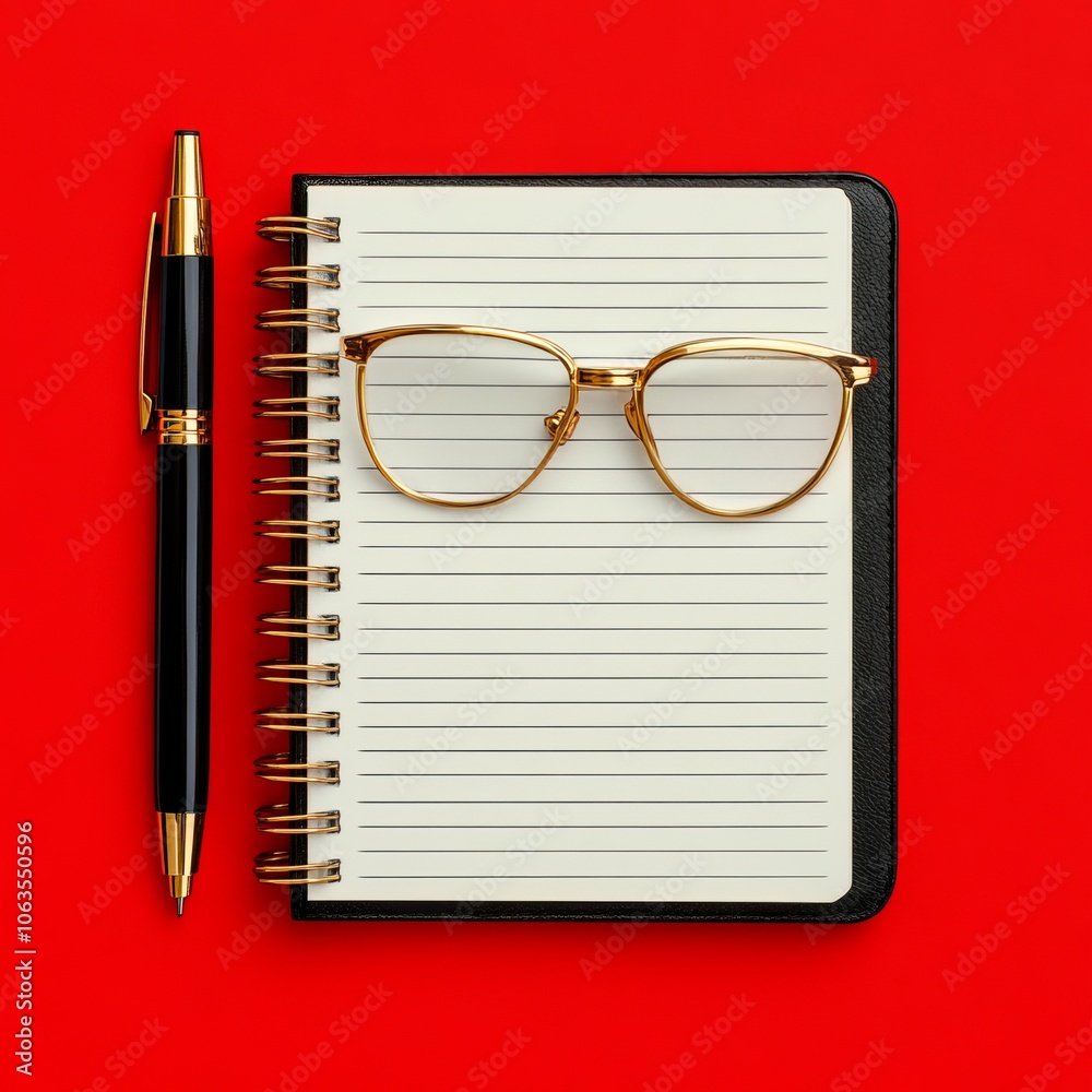 A pen, glasses, and a notebook on a vibrant red background. A pen, glasses, and a notebook on a vibrant red background.