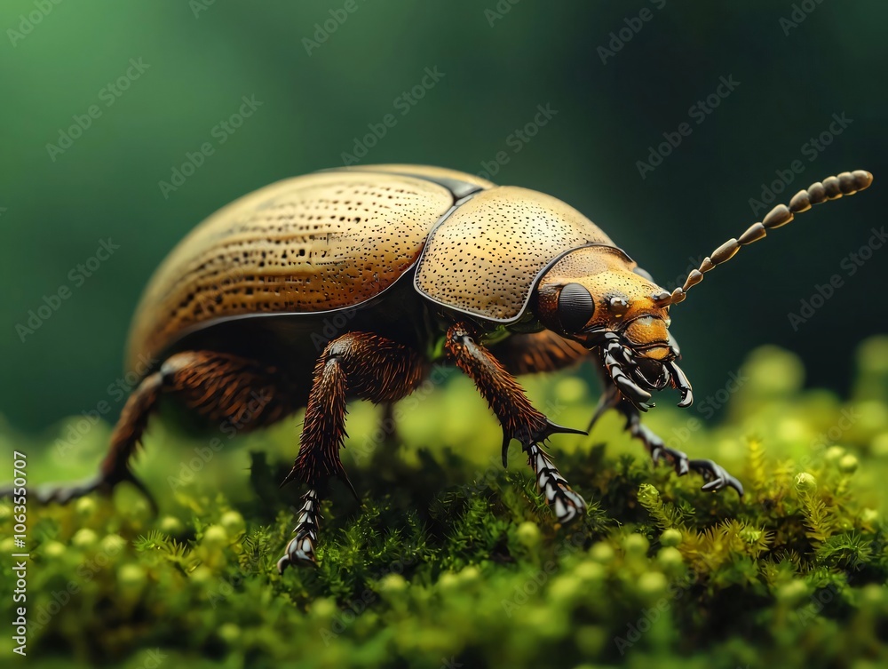 Close-up view of a golden beetle crawling on lush green moss, showcasing intricate details and vibrant colors in nature. Close-up view of a golden beetle crawling on lush green moss, showcasing intricate details and vibrant colors in nature.