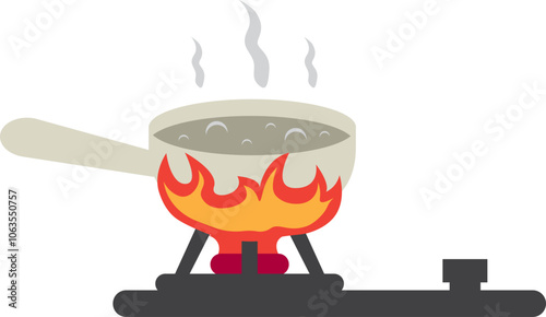 Illustration Boiling Water Cook With Pot On Gas Stove Fire On