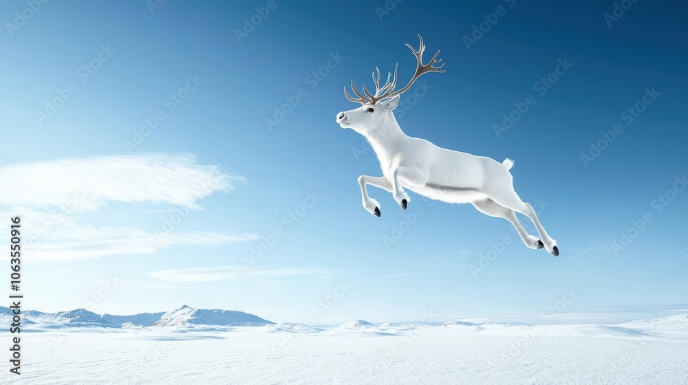 Majestic White Reindeer Leaps Through Winter Wonderland Majestic White Reindeer Leaps Through Winter Wonderland