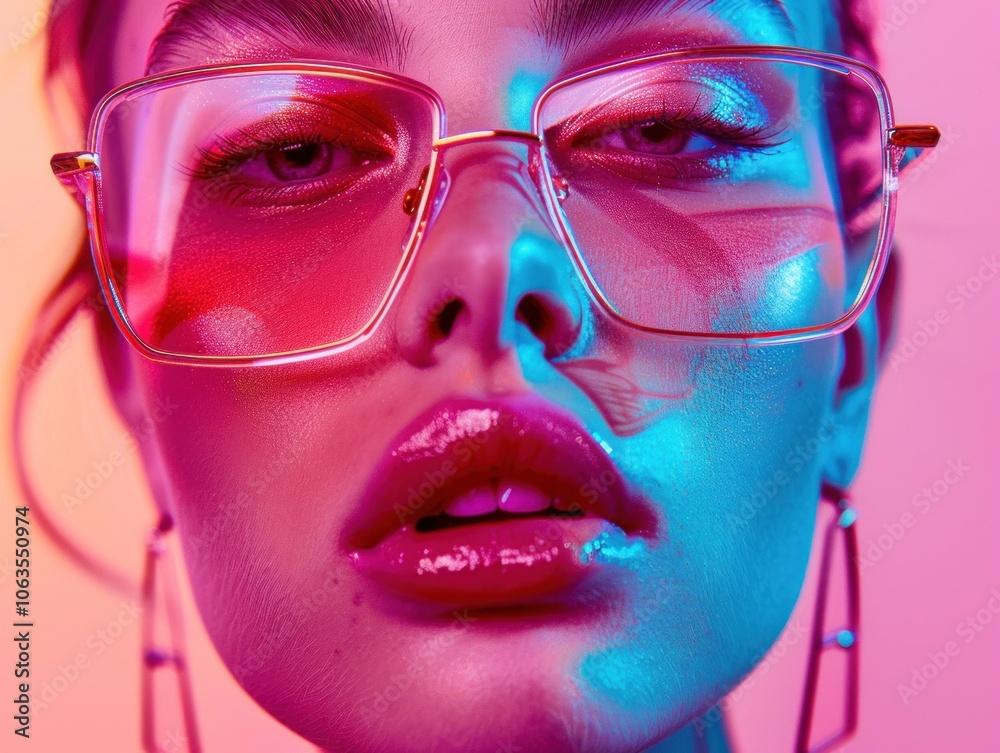 Vibrant neon close-up portrait of woman with glasses in colorful lighting Vibrant neon close-up portrait of woman with glasses in colorful lighting