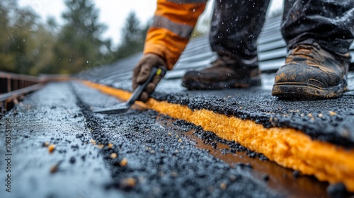 A construction worker in an orange jacket carefully applies roofing materials to a house, with rain falling around him, highlighting the challenges of outdoor work.