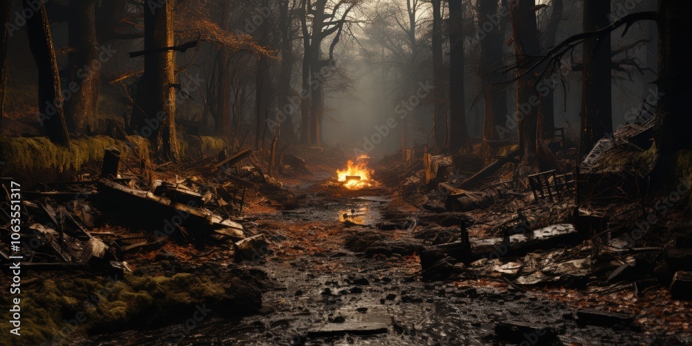 A path through a charred forest, illuminated by an eerie fire, leads to an unknown destination A path through a charred forest, illuminated by an eerie fire, leads to an unknown destination