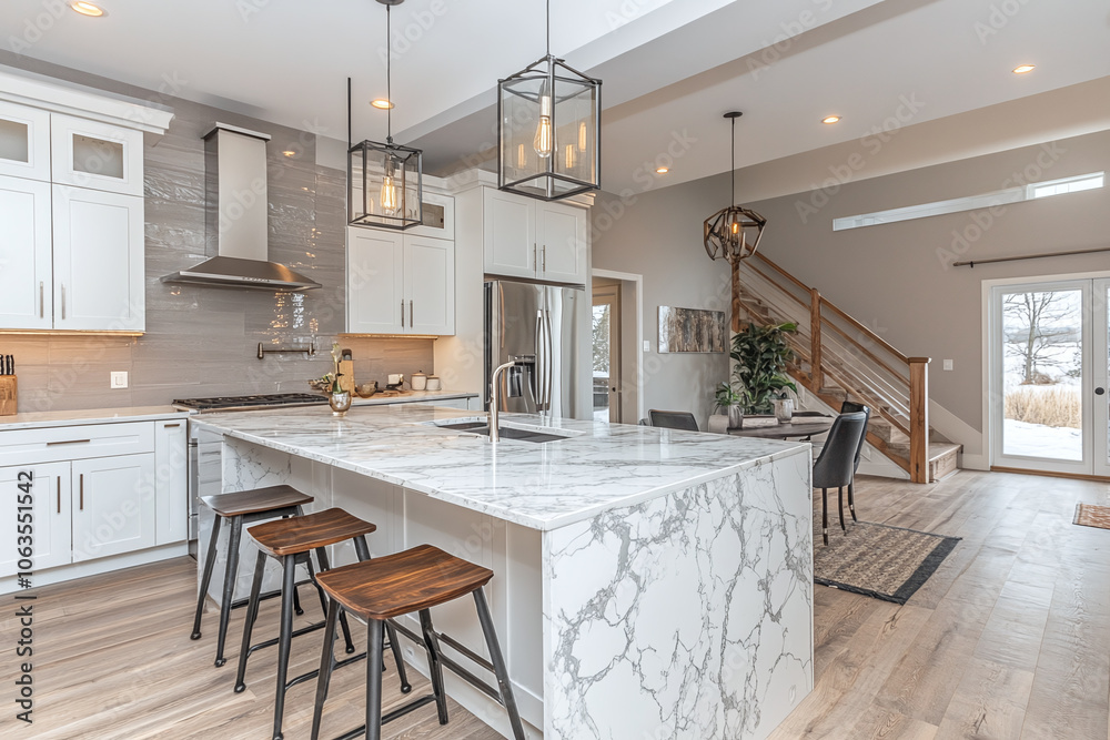 Modern kitchen island with bar stools and pendant lights. Modern kitchen island with bar stools and pendant lights.