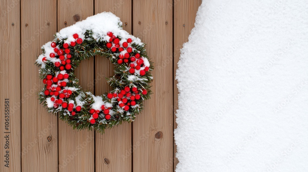 Snowy Christmas Wreath on Wooden Door Snowy Christmas Wreath on Wooden Door