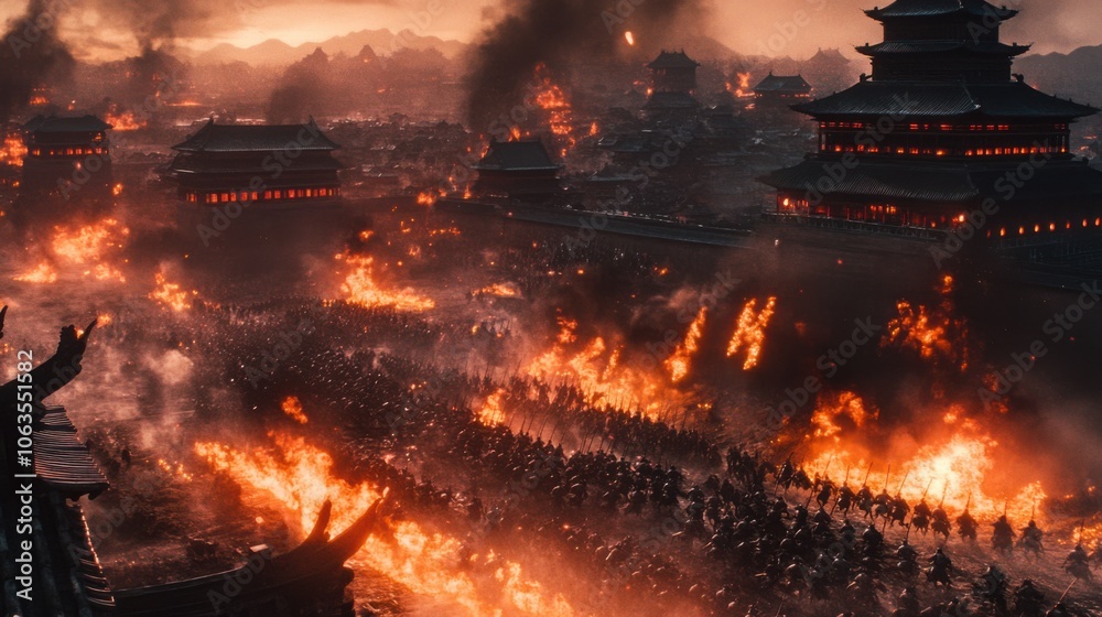 Three Kingdoms battlefield, intense flames erupt from the ground Three Kingdoms battlefield, intense flames erupt from the ground
