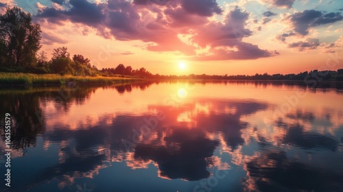 The sunrise over a calm river, with the warm light