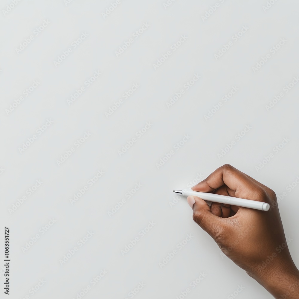 A hand holding a pen poised to write on a blank surface. A hand holding a pen poised to write on a blank surface.