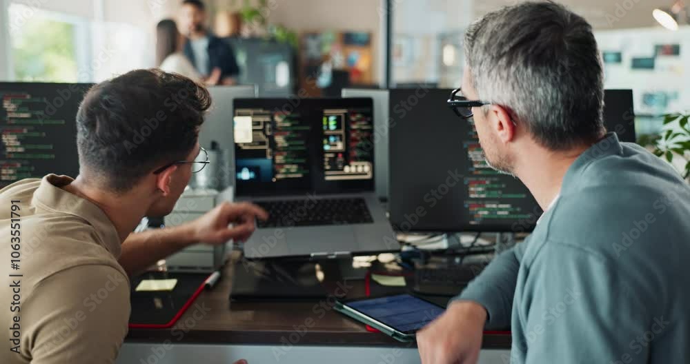 Coding, computer screen and pointing with business people in office together from back. Conversation, problem solving and programming with developer team reading machine language in workplace
