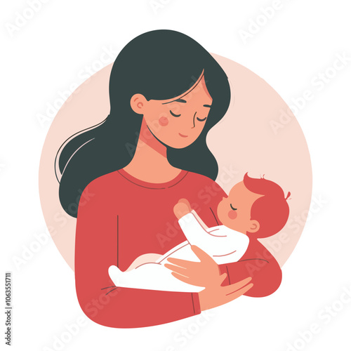 woman holding his newborn baby in flat vector illustration