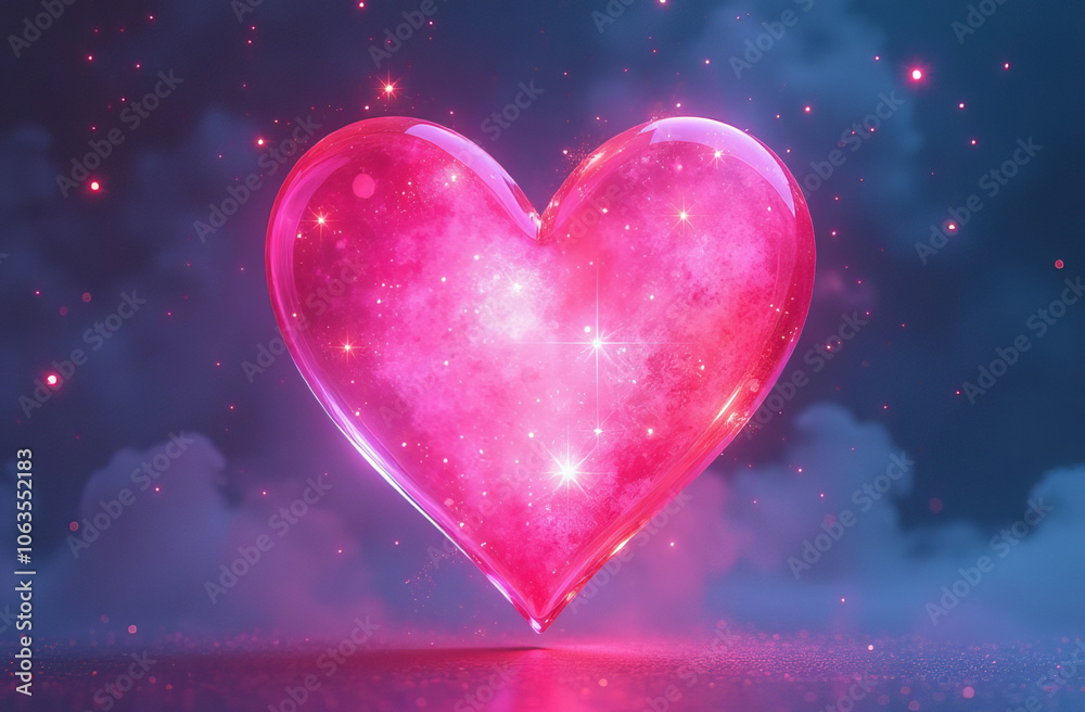 Transparent glass heart in pink neon light and fog, space for text