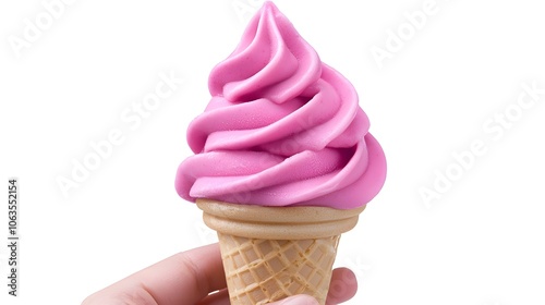 a close-up of a hand holding a pink ice cream cone, sweet dessert, vibrant color, isolated on white background photo