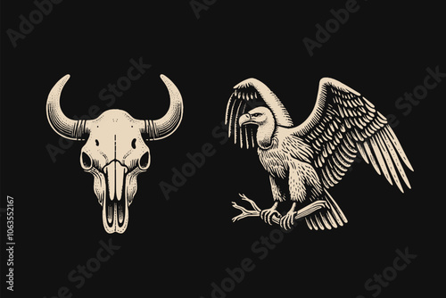 Vulture on a branch. Cow skull. Desert, wild west set. Vintage black vector engraving illustration. Emblem, logo, print, tattoo, icon. Black background