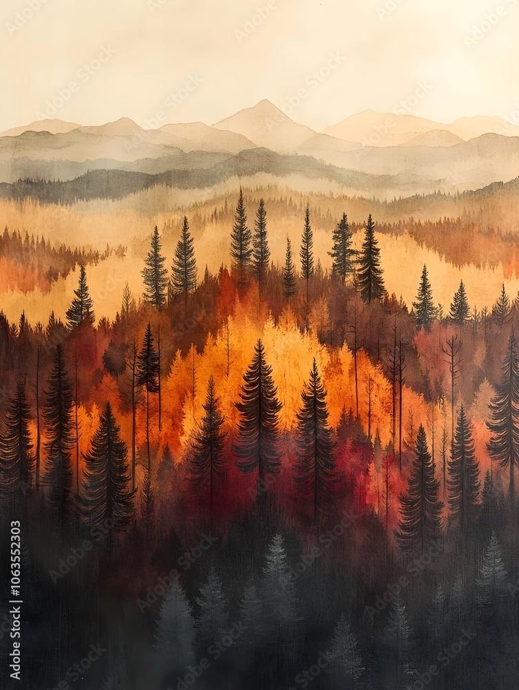 A stunning autumn landscape featuring tall evergreen trees against a backdrop of layered mountains, painted in warm tones of orange, red, and gold, evoking a serene mood. A stunning autumn landscape featuring tall evergreen trees against a backdrop of layered mountains, painted in warm tones of orange, red, and gold, evoking a serene mood.