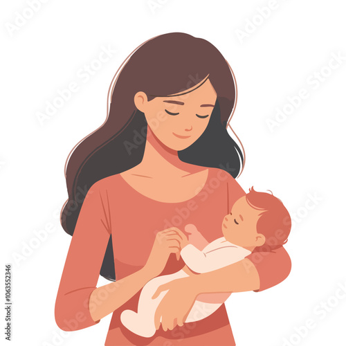 woman holding his newborn baby in flat vector illustration