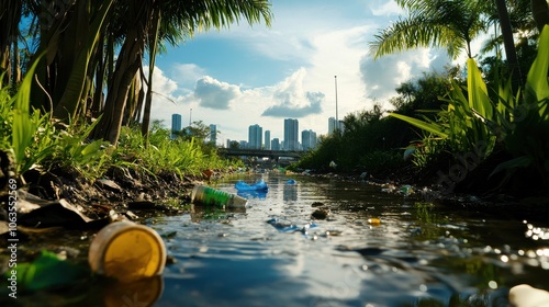 A river is filled with trash and debris, including plastic bottles and cups