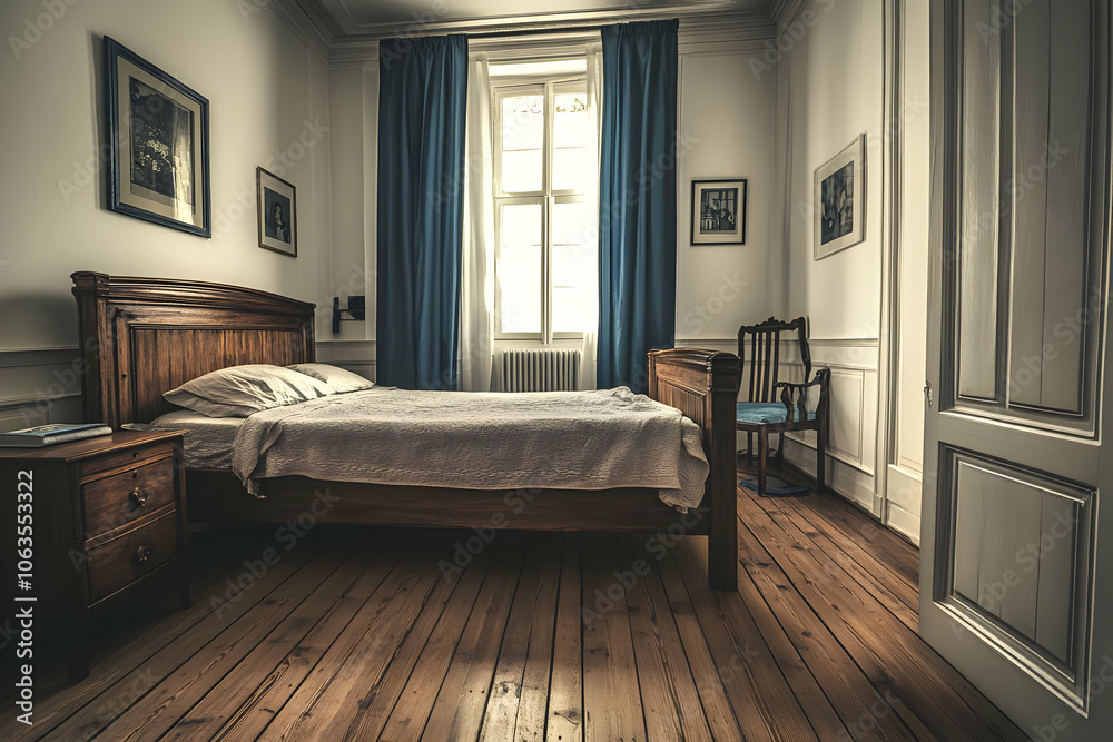 Bedding Set Image - A cozy bedroom with wooden furniture, blue curtains, and warm lighting. Bedding Set Image - A cozy bedroom with wooden furniture, blue curtains, and warm lighting.