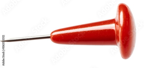 a simple red thumbtack, vibrant red with metallic needle, stationery item, isolated on white background
