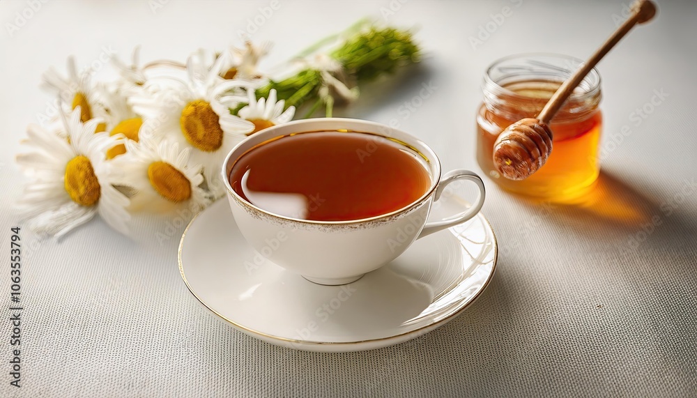 porcelain cup on saucer with tea on kitchen table and bouquet of wild daisies nearby lies on table. chamomile in tea. a small jar of honey nearby. bright space porcelain cup on saucer with tea on kitchen table and bouquet of wild daisies nearby lies on table. chamomile in tea. a small jar of honey nearby. bright space