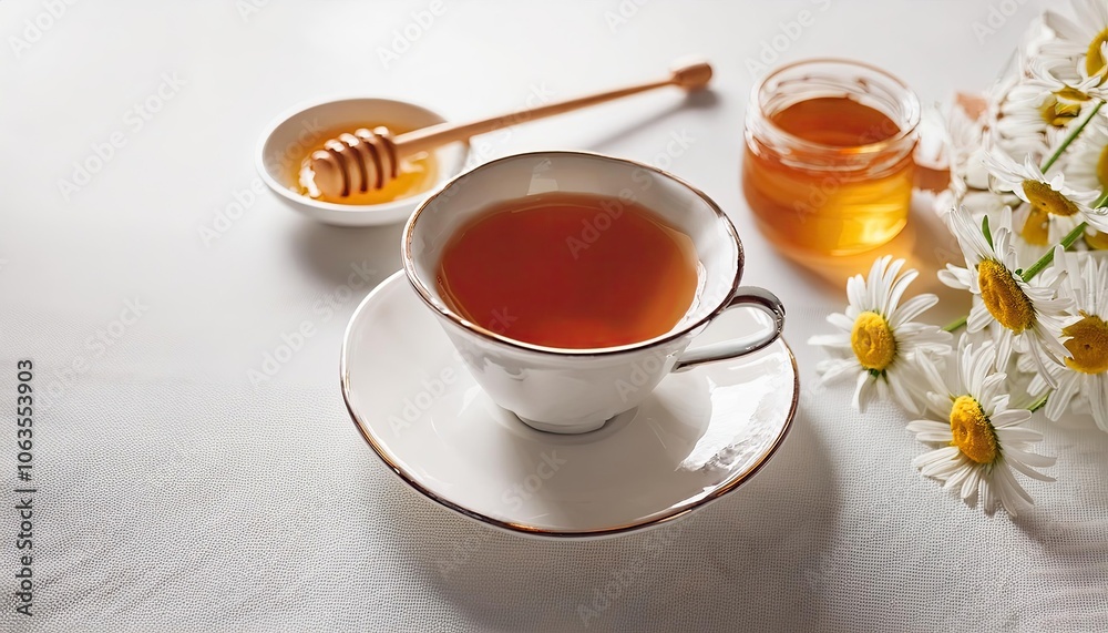 porcelain cup on saucer with tea on kitchen table and bouquet of wild daisies nearby lies on table. chamomile in tea. a small jar of honey nearby. bright space porcelain cup on saucer with tea on kitchen table and bouquet of wild daisies nearby lies on table. chamomile in tea. a small jar of honey nearby. bright space