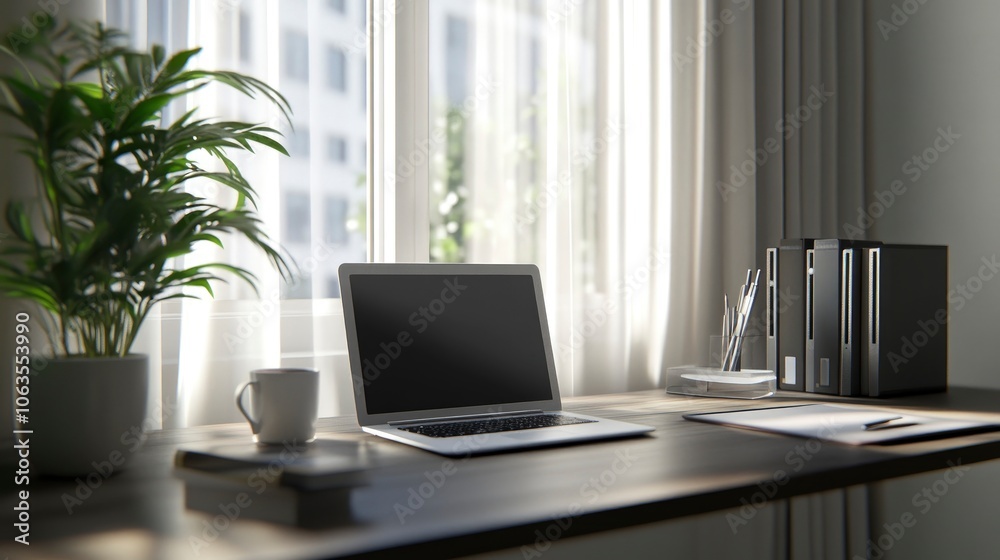 Modern home office setup with a laptop, plant, and coffee cup, soft natural light