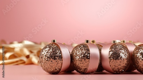 Close-up of sparkling gold and pink Christmas ornaments with a soft pink background