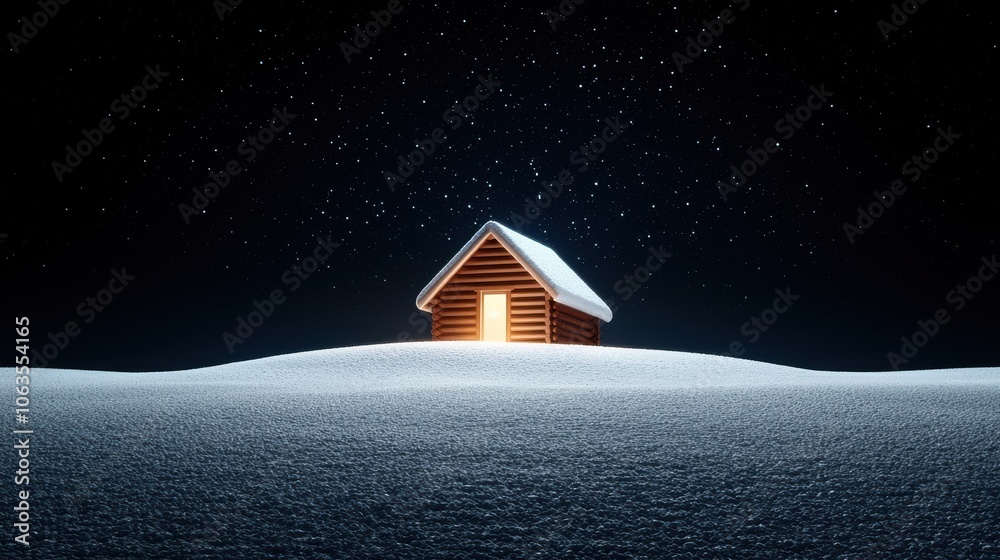 Naklejka premium Cozy Cabin Under a Starry Winter Sky