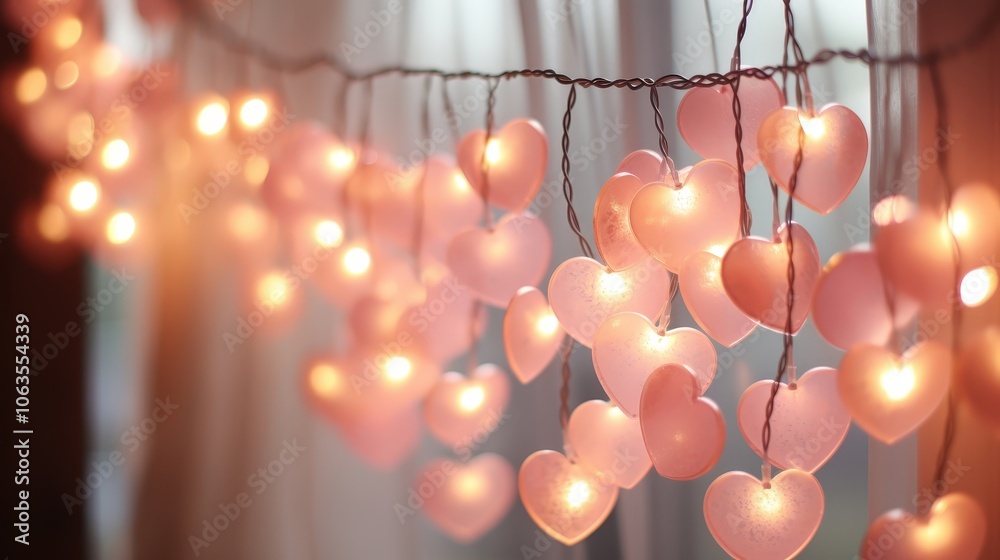 A string of delicate pink heart-shaped lights illuminate the soft glow of a warm, inviting space. A string of delicate pink heart-shaped lights illuminate the soft glow of a warm, inviting space.