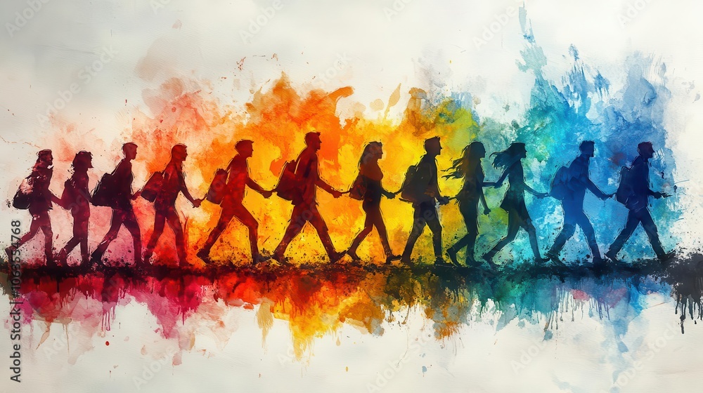 Obraz premium Evolution of Movement: Where Human Steps Paint Rainbow Dreams, Creating a Symphony of Unity Through Watercolor Motion and Humanity's Most Beautiful Dance of Progressive Change