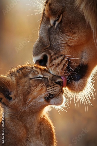 Obraz na plátně A lion gently nuzzles its cub in the golden light of the African sunset