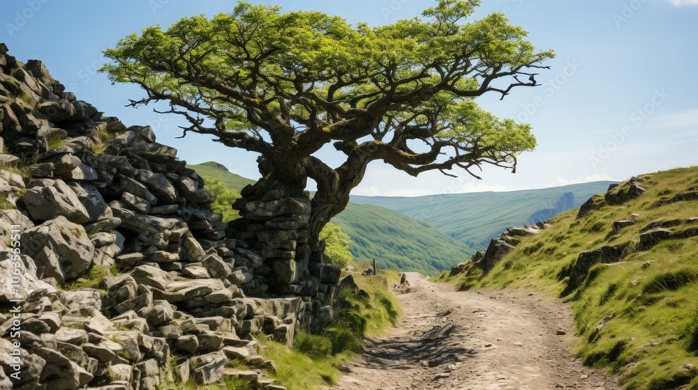 A solitary tree with gnarled branches stands sentinel over a winding path leading through a rugged mountainous landscape. A solitary tree with gnarled branches stands sentinel over a winding path leading through a rugged mountainous landscape.
