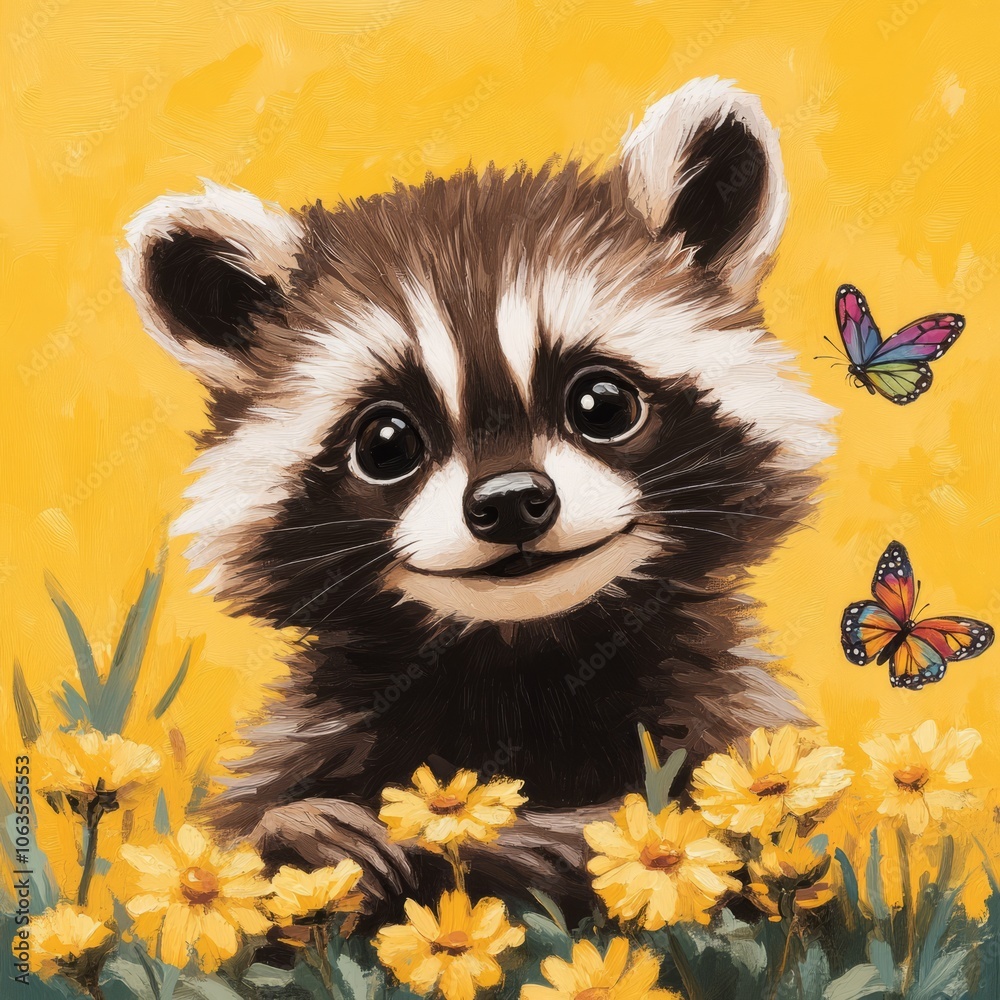A cute raccoon surrounded by flowers and butterflies on a bright yellow background. A cute raccoon surrounded by flowers and butterflies on a bright yellow background.