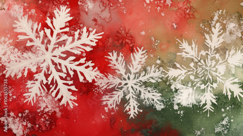 Christmas background with snowflakes, White Snowflakes on Red and Olive Green Alcohol Ink Background as Wallpaper Illustration, Festive Winter Wonderland photo