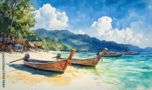 Watercolor Tropical beach, longtail boats at Lipe island in Satun, Thailand. photo