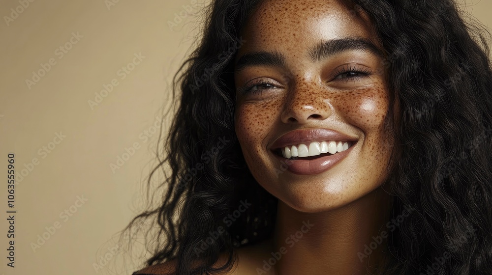 Young woman with vitiligo smiling confidently in a fashion photoshoot