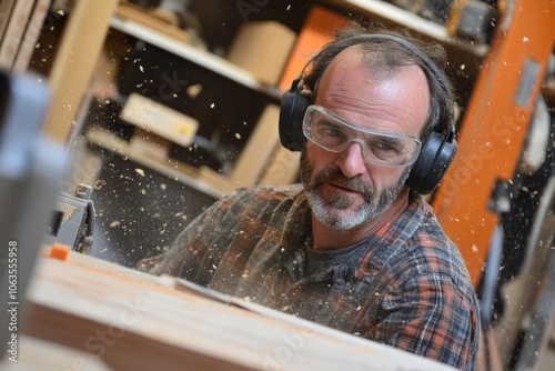 Skilled carpenter working with wood and power tools in workshop photo