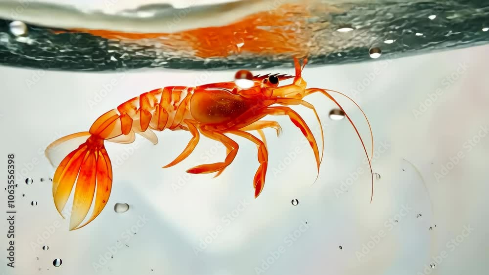 Red shrimp floating in water on a white background.