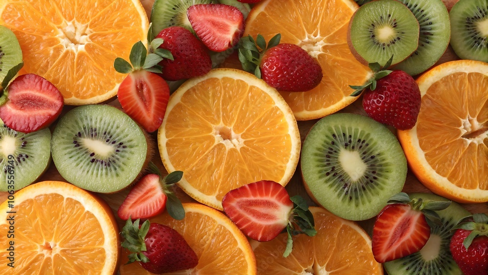 Mixed Fruit Flat View with Oranges, Kiwis, and Strawberries, Colorful Fruit Mix on Background Mixed Fruit Flat View with Oranges, Kiwis, and Strawberries, Colorful Fruit Mix on Background