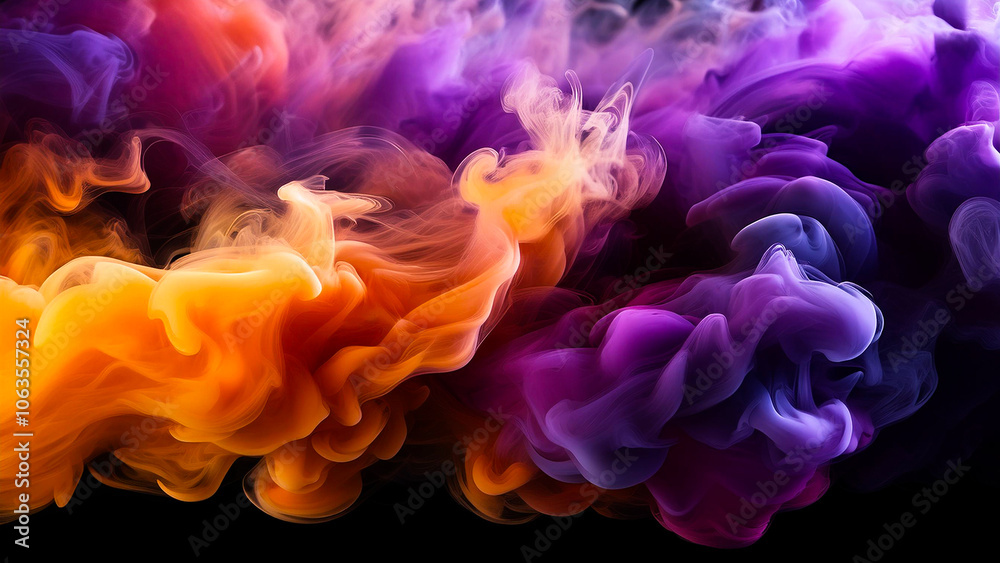 Obraz premium Thick clouds of purple and orange smoke mix to create smooth gradients against a dark background.