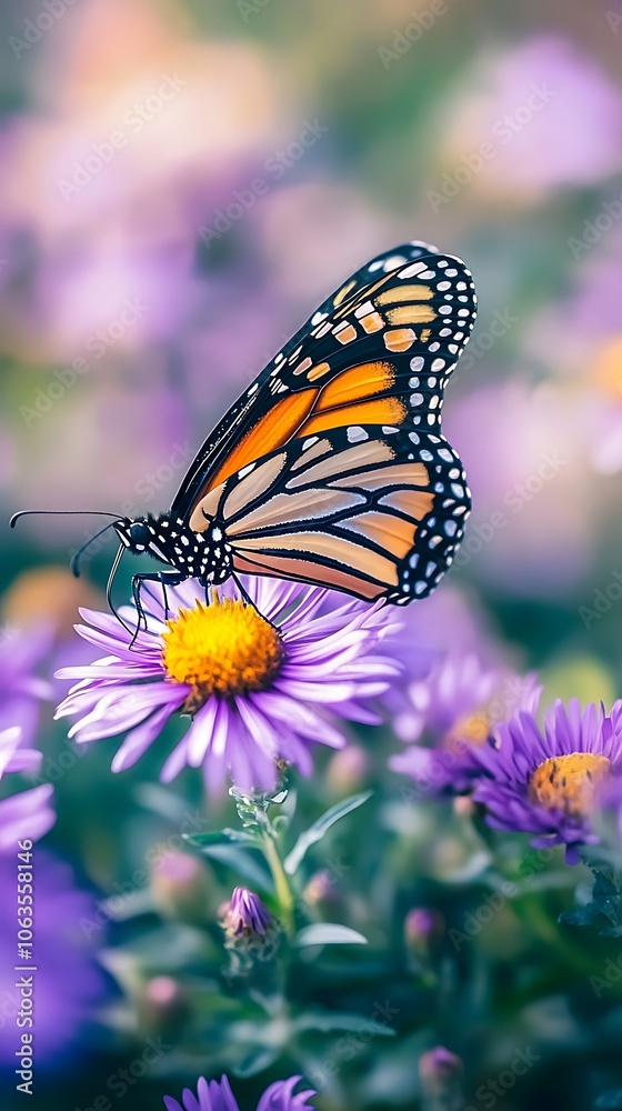 Captivating Monarch Butterfly Feeding on Blossoming Purple Aster Flowers Captivating Monarch Butterfly Feeding on Blossoming Purple Aster Flowers