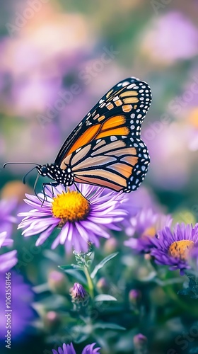 Captivating Monarch Butterfly Feeding on Blossoming Purple Aster Flowers